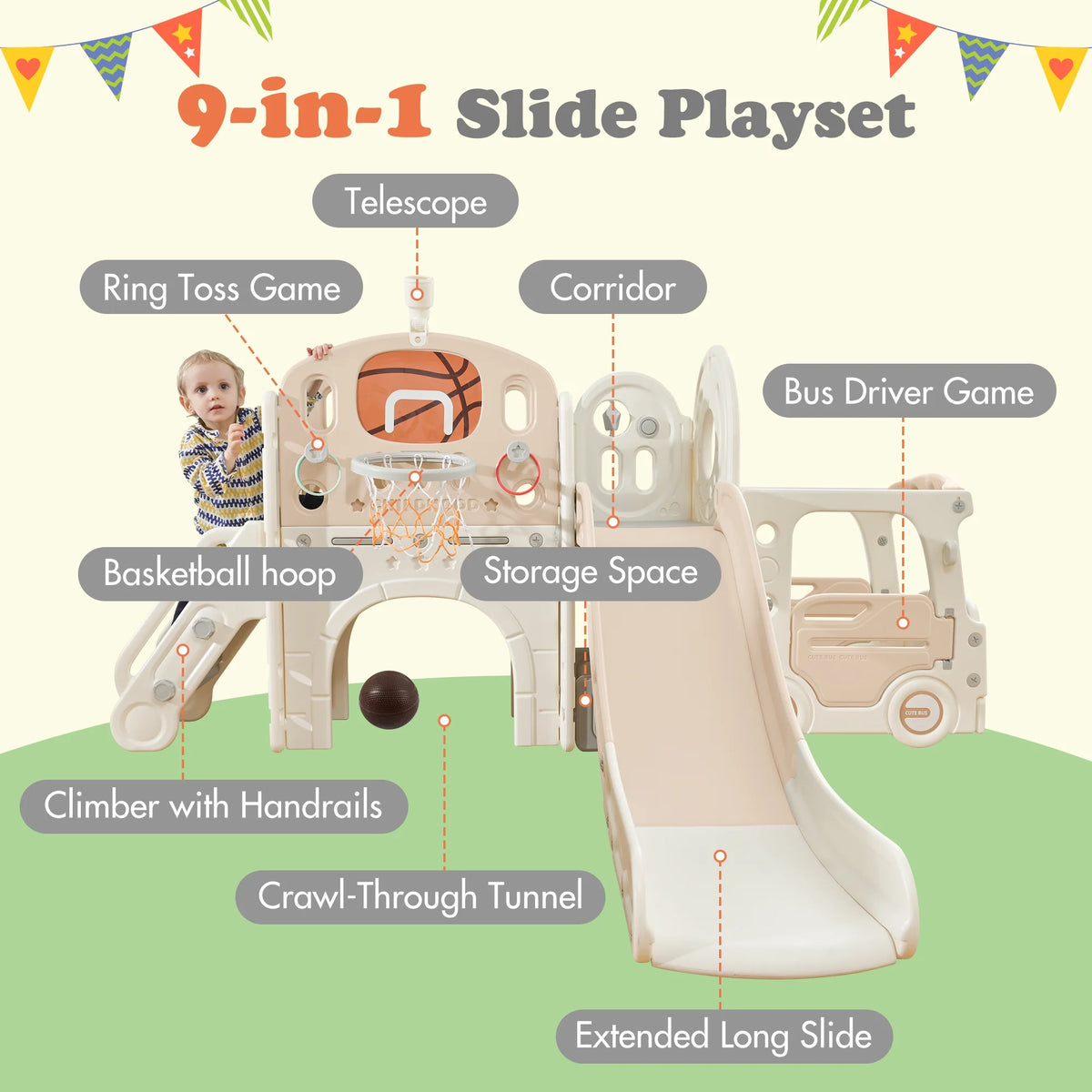 9 in 1 Kids Slide Playset with Basketball Hoop Y2915
