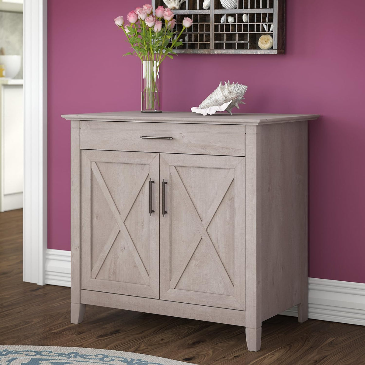 Washed Gray Secretary Desk with Keyboard Tray and Storage Cabinet B484