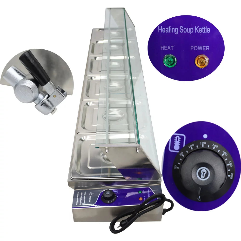 Electric Commercial Bain-marie Buffet Food Warmer Steam Table with Glass Guard 6-Pan A4751