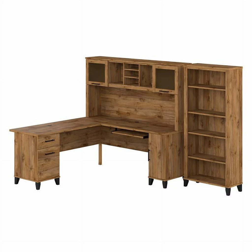 72W L Desk with Hutch and Bookcase in Fresh Walnut T50978