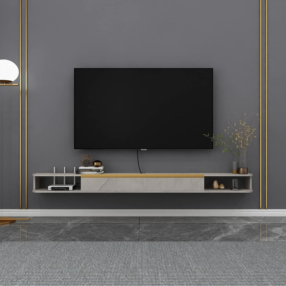 47.24 in Dark Gray Wall Mounted Wood TV Shelf with 3 Doors V694085