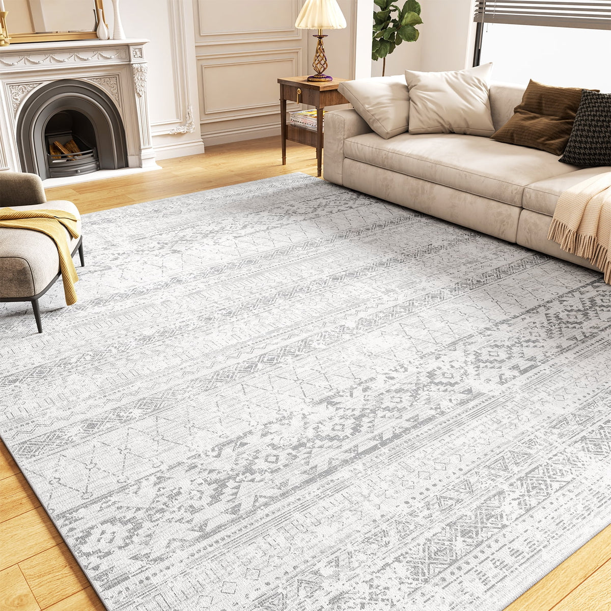 5'x8' Washable Boho Geometric Area Rug Grey T256520