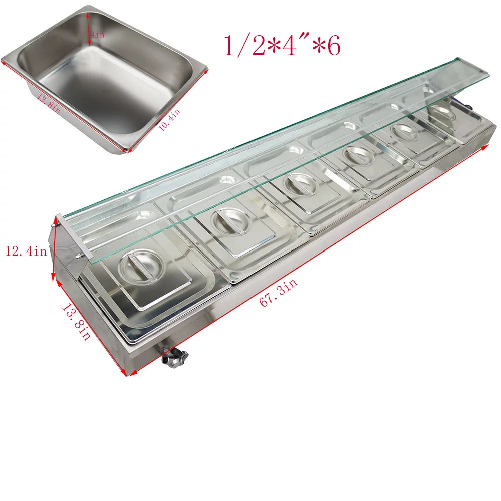 Electric Commercial Bain-marie Buffet Food Warmer Steam Table with Glass Guard 6-Pan A4751
