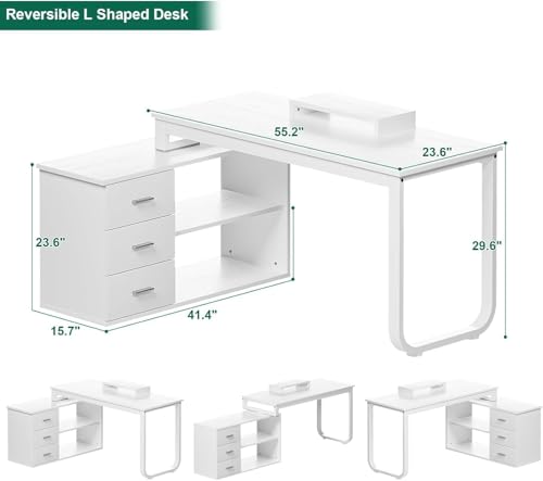 55 Inch Reversible L Shaped Computer Desk with 3 Drawers O332039