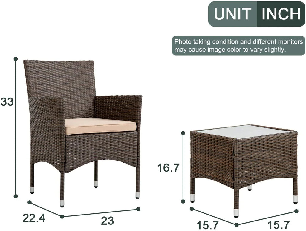 3 Pieces Wicker Bistro Set with Khaki Cushion Steel Frame K897