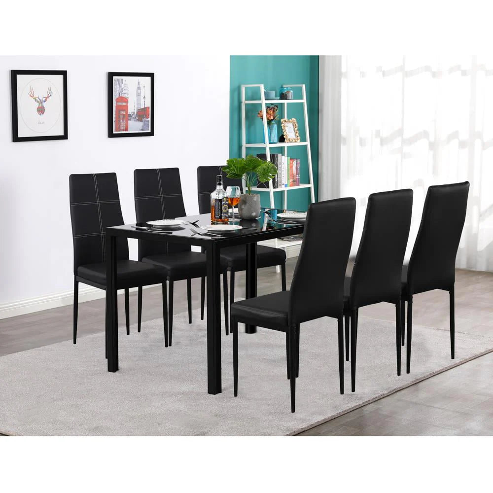 Black 7 Piece Glass Metal Dining Set K92412