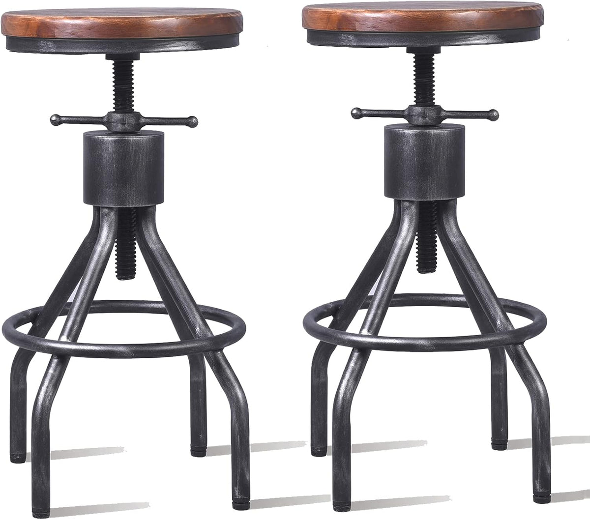 Set of 2 Adjustable Round Wood Metal Swivel Bar Stool D11437