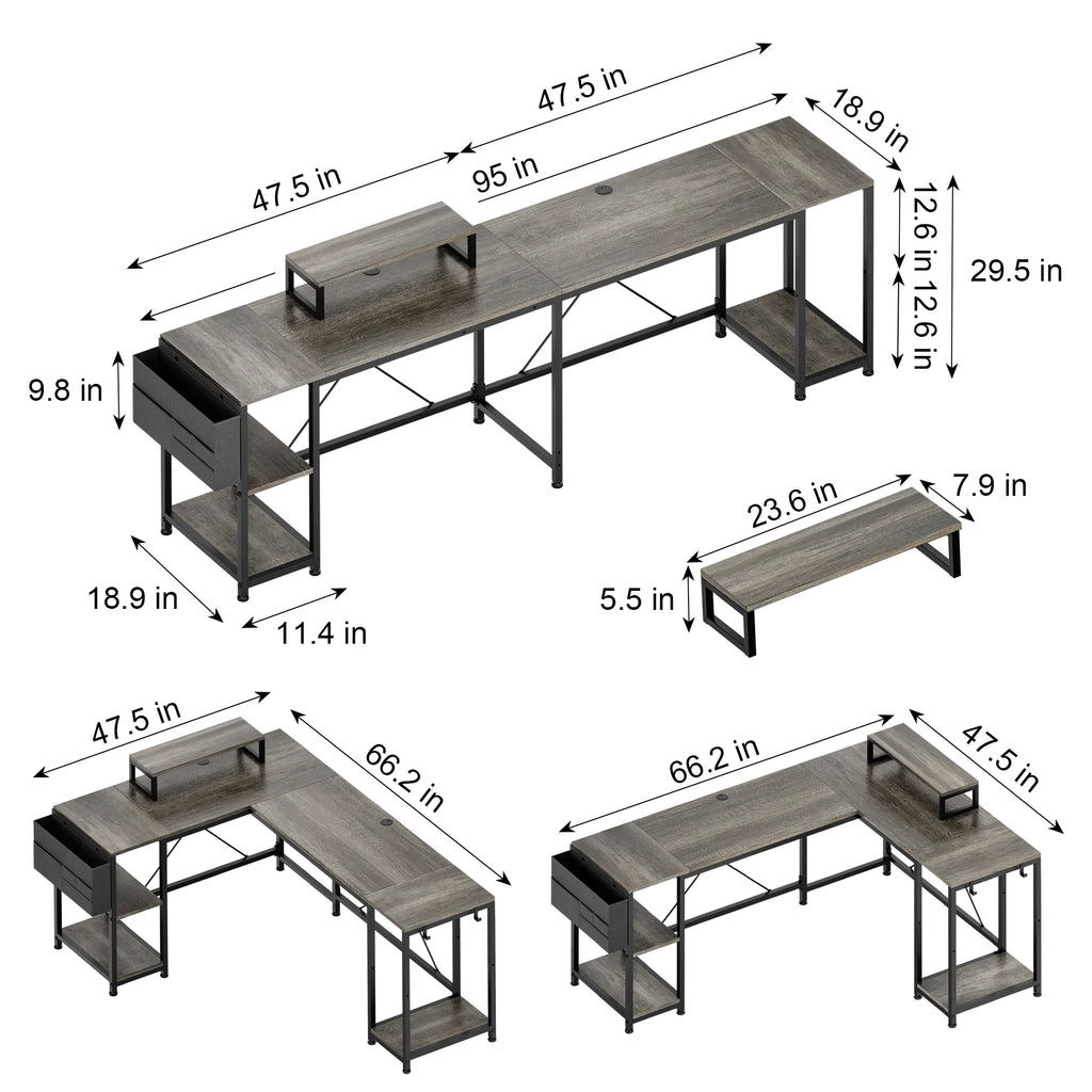 95" Grey Reversible L-Shaped Wood & Metal Computer Desk R30488