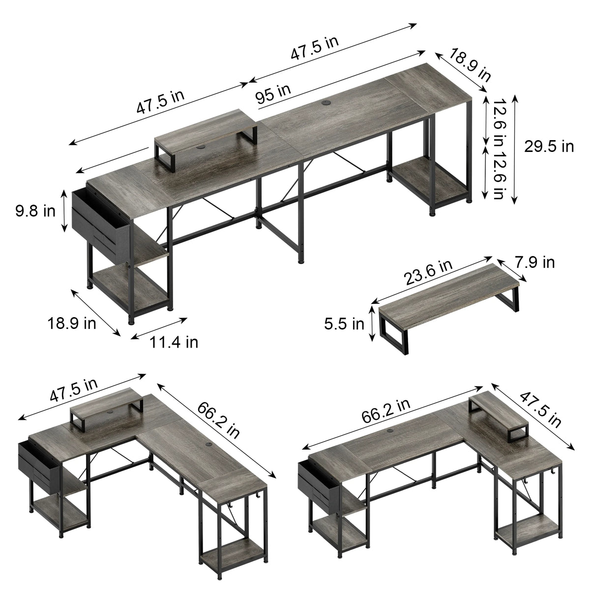 95" Grey Reversible L-Shaped Wood & Metal Computer Desk R30488
