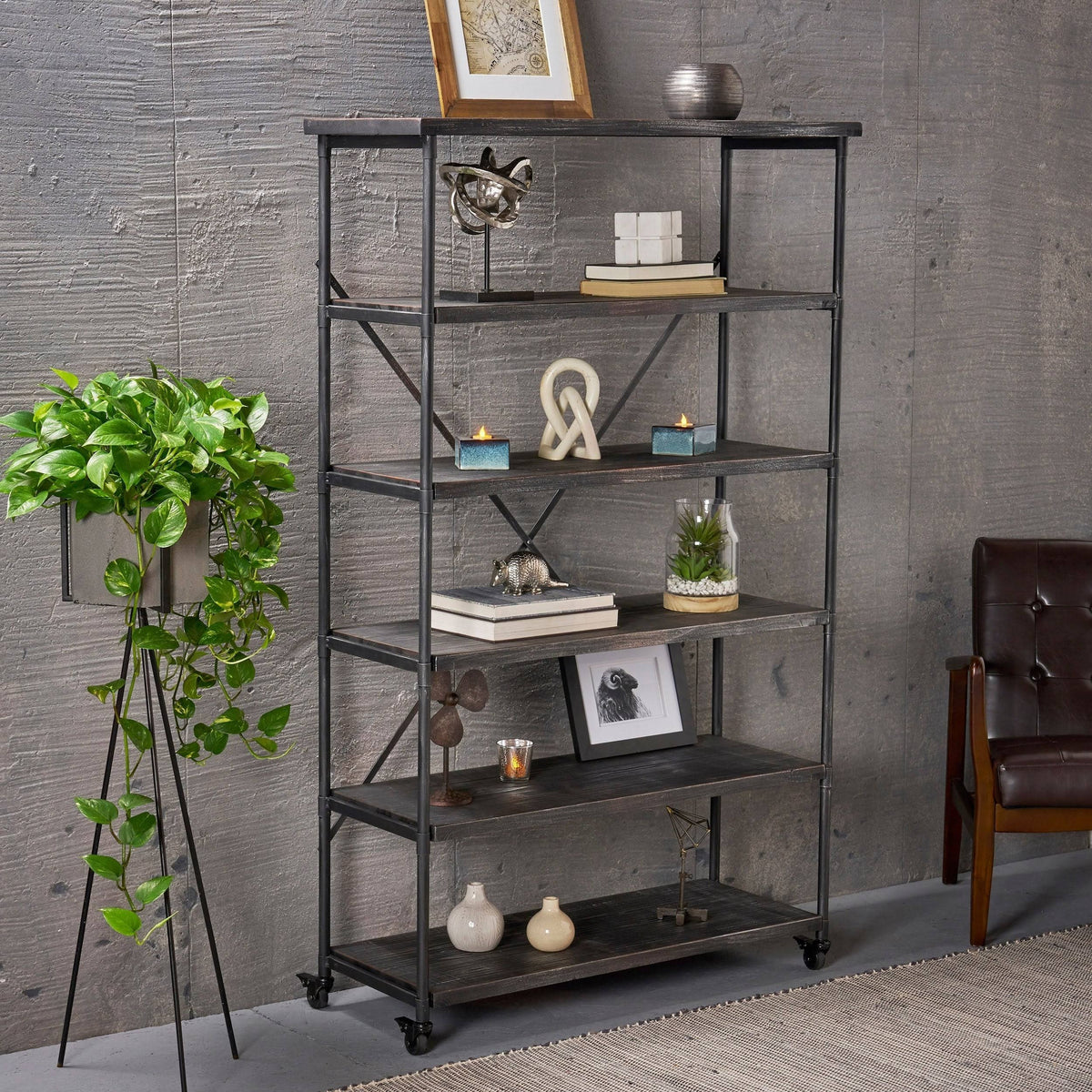 Industrial 5-Shelf Bookcase, Black Finish E6226