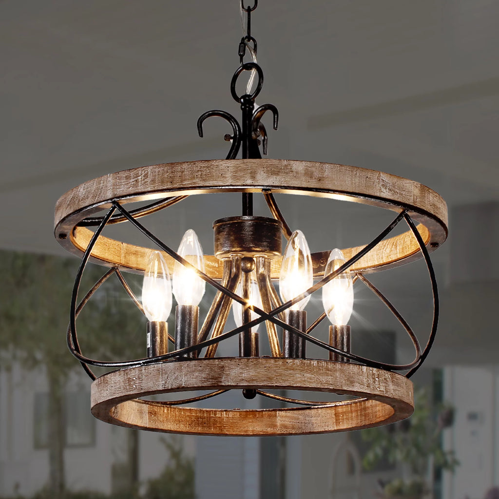 5-Light Rustic Pendant Light Adjustable Height Distressed Wood Caged Chandelier Q160444