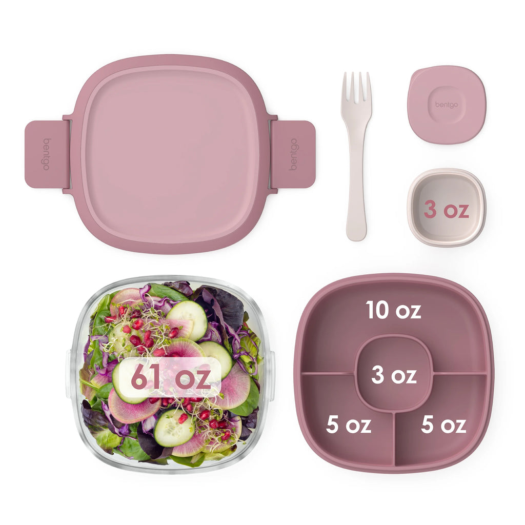 Leak-Proof Glass Salad Container with 61-oz Bowl, 4-Compartment Tray, 3-oz Sauce Container, and Reusable Fork (Dark Gray) Y726