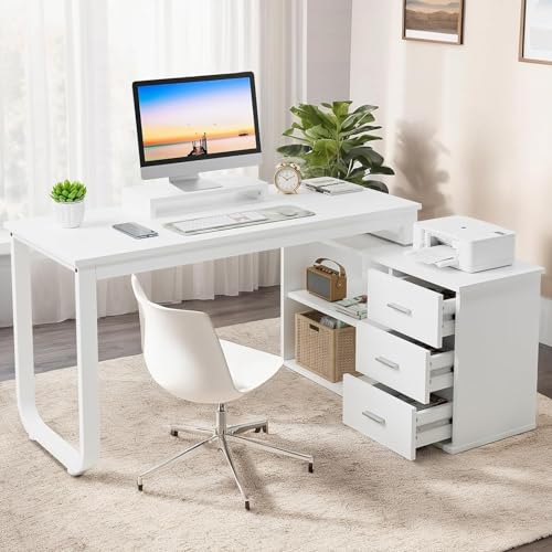 55 Inch Reversible L Shaped Computer Desk with 3 Drawers O332039