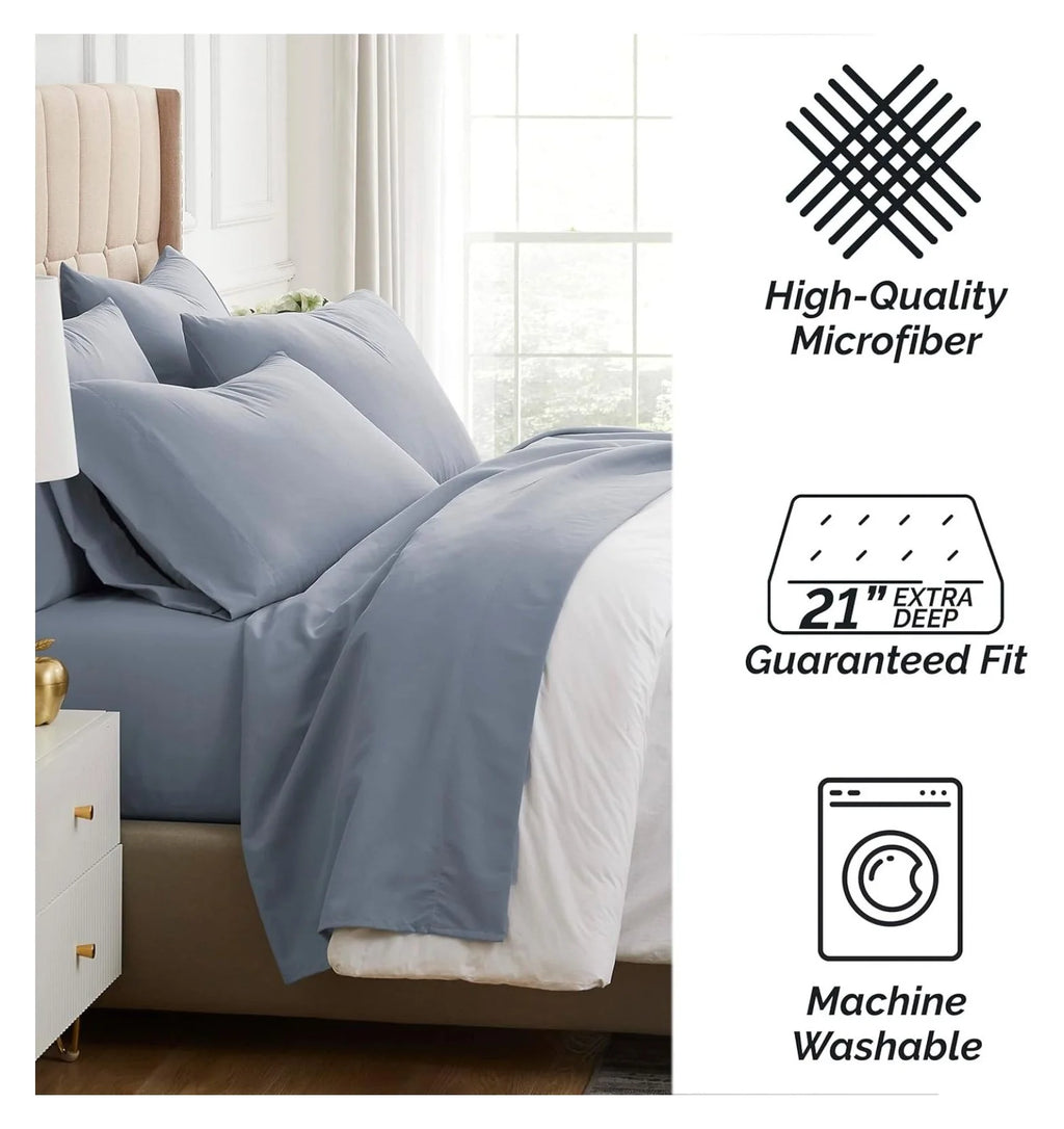 6-Piece King Microfiber Sheet Set with 21" Deep Fitted Sheet, Slate Blue P301599