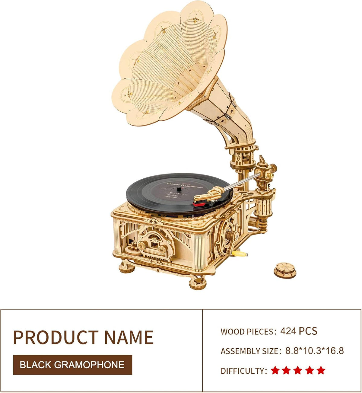 3D Wooden Puzzles Record Player DIY Mechanical Gramophone A1338