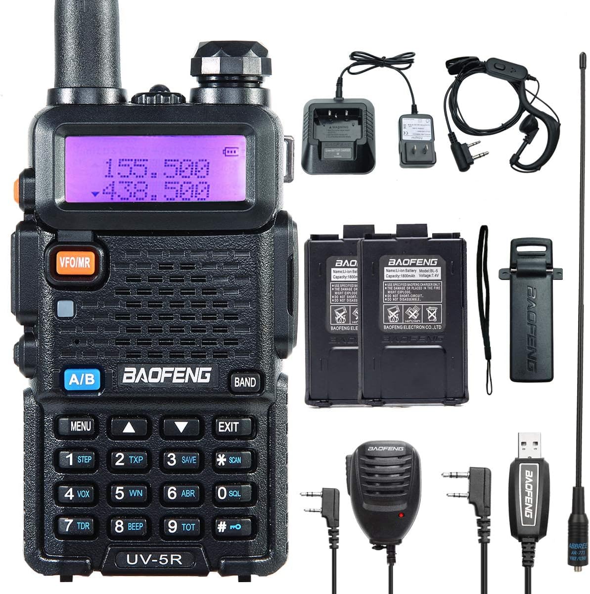 UV-5R Ham Radio Handheld 2-Way Radio with 3800mAh Battery Programming Cable Tactical Antenna and Tube Earpiece Handheld MIC Full Kit Pack of 2 L59758
