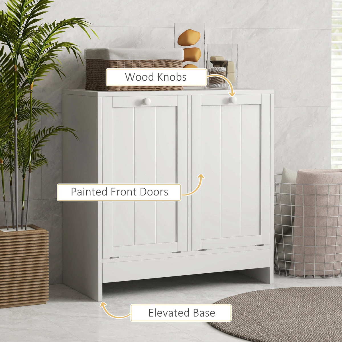 White Tilt-out Laundry Storage Cabinet with 2 Hamper Compartments Q730