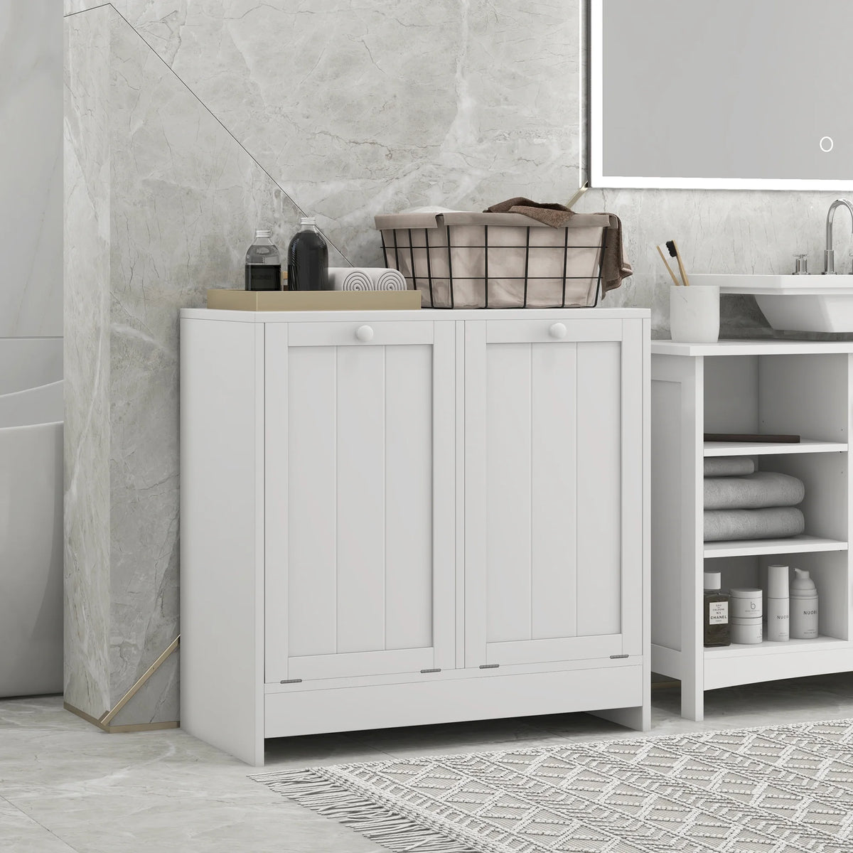 White Tilt-out Laundry Storage Cabinet with 2 Hamper Compartments Q730