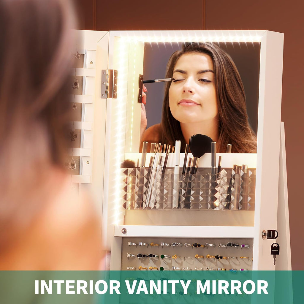 White Full Length Mirror Jewelry Cabinet with Lights J904