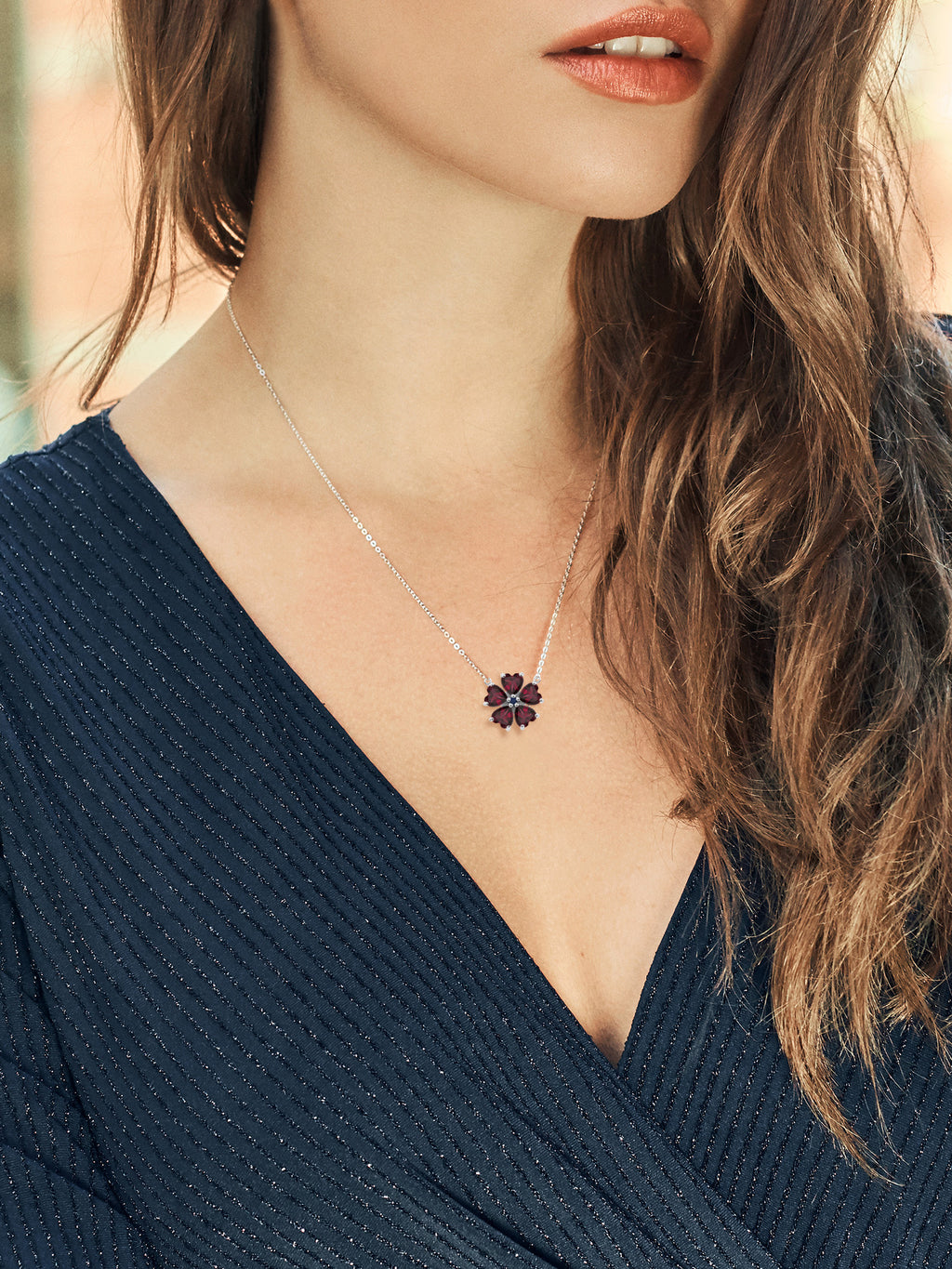 925 Sterling Silver Red Rhodolite Garnet and Blue Sapphire Pendant Necklace with 18 inch Chain T6551