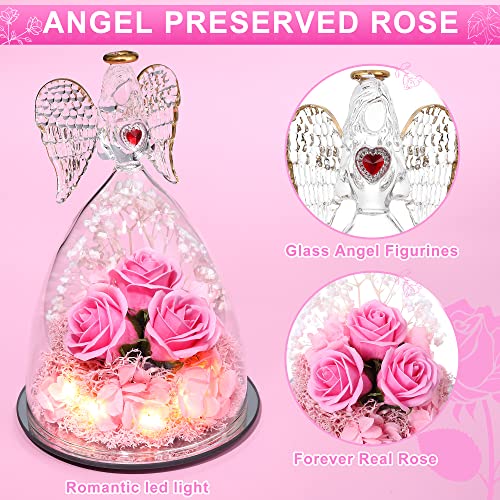 Preserved Flower Three Real Roses in Glass Angel Figurines Pink K466