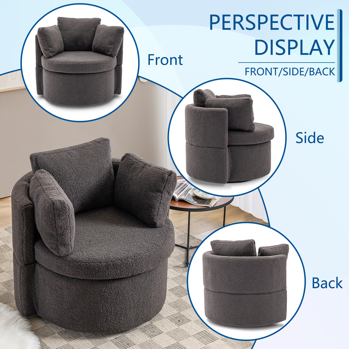 Dark Gray Teddy Velvet Swivel Accent Chair with Storage H981716