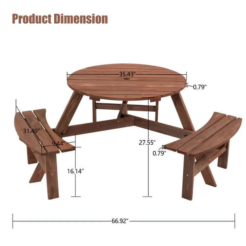 6-Person Circular Outdoor Wooden Picnic Table with 3 Built-in Benches D69791