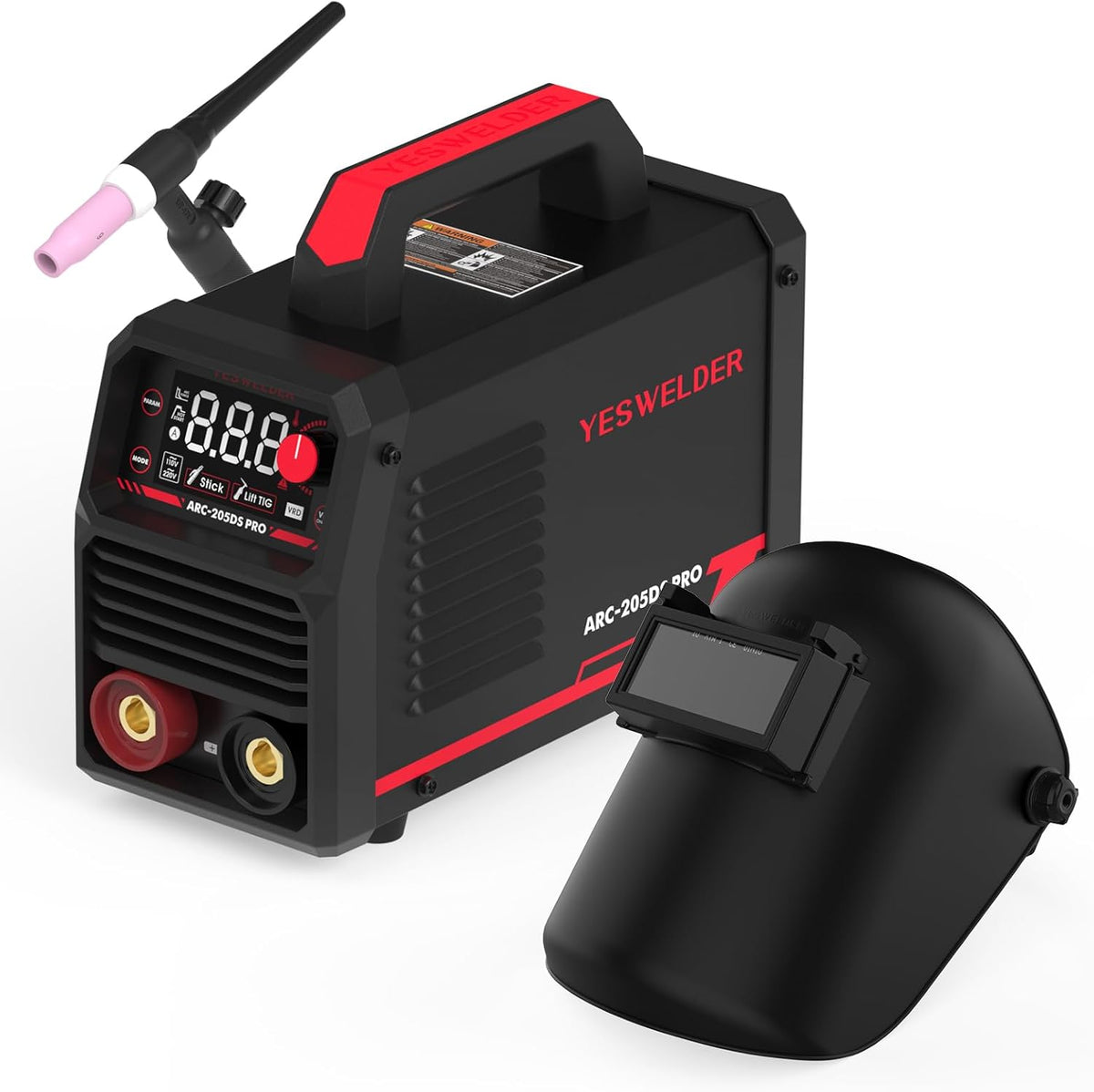 205Amp Stick Welder with Lift TIG Torch, Large LED Display, 110V/220V Dual Voltage Portable Welding Machine, Flip Front Welding Hood Helmet R8148