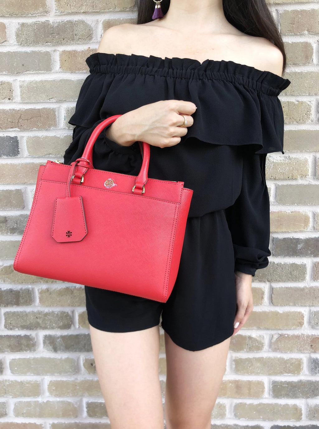 Small Double Zip Tote Satchel Crossbody Bag Poppy Orange Red X92151