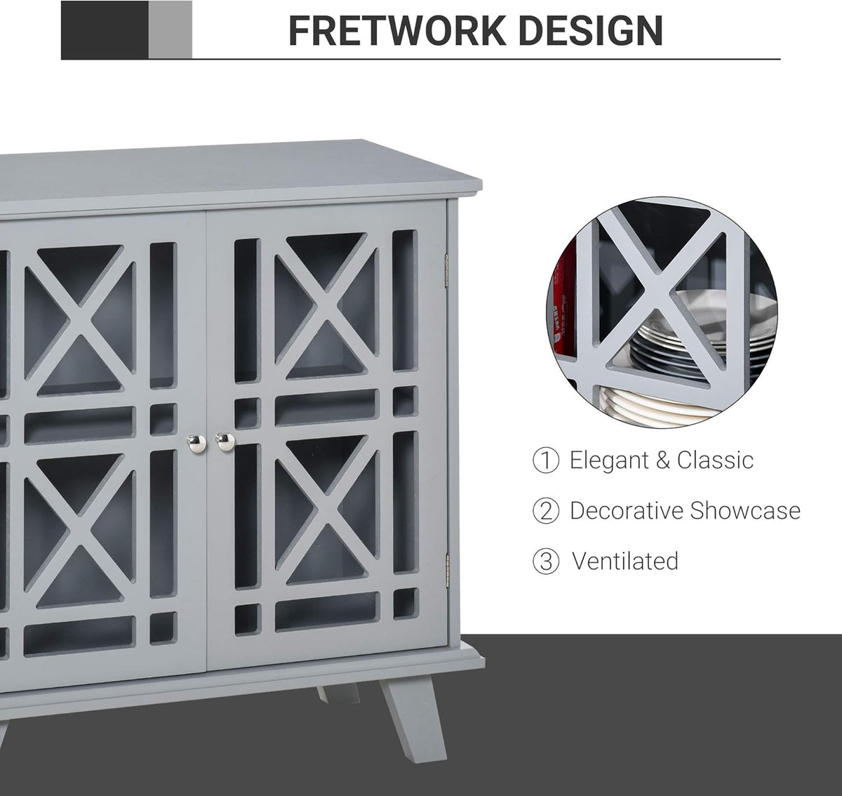 Grey Wood Sideboard Cabinet with Fretwork Doors N9845