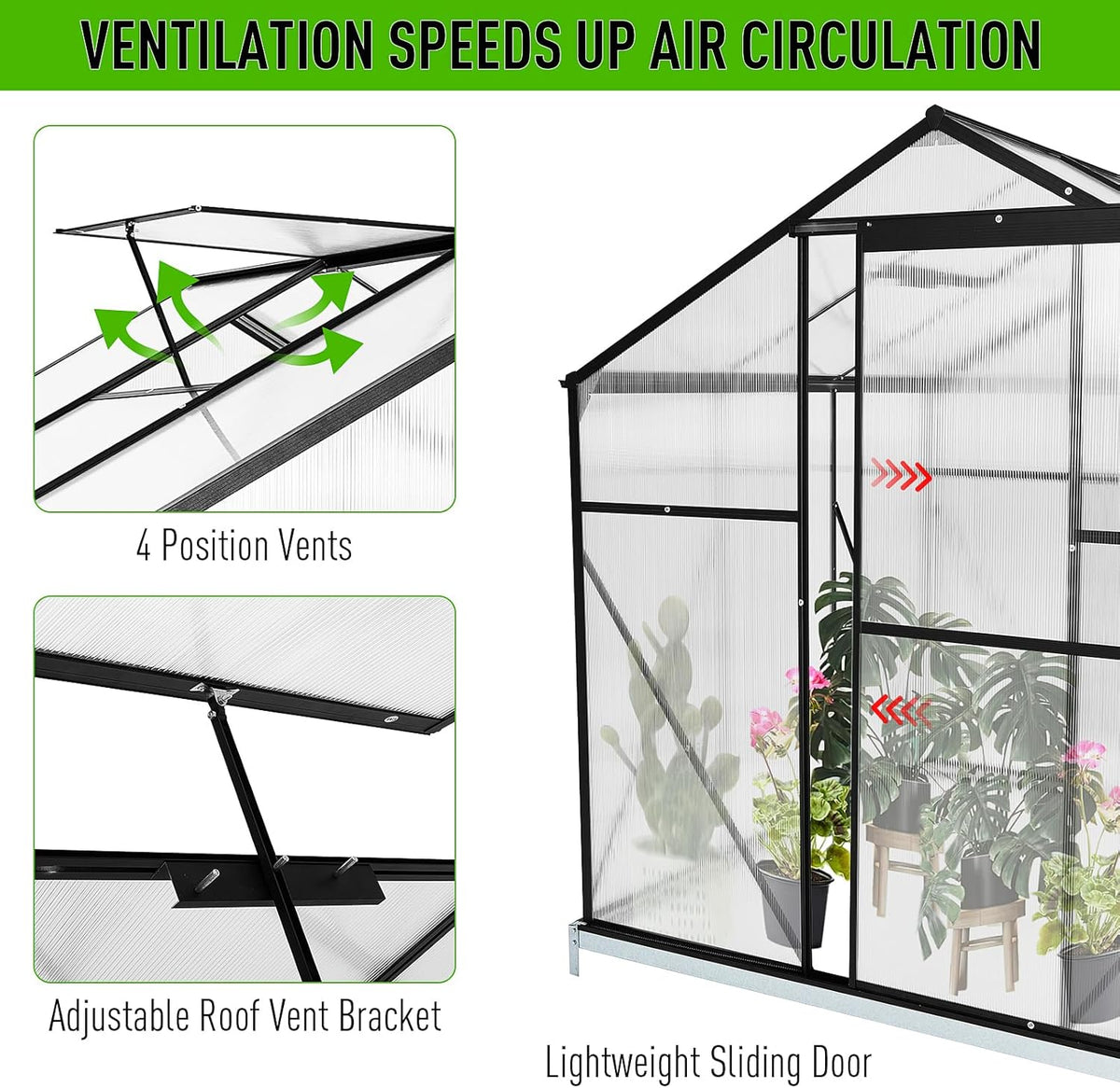 10x6 FT Polycarbonate Greenhouses with Sliding Door and Adjustable Vent Window, Black U3253