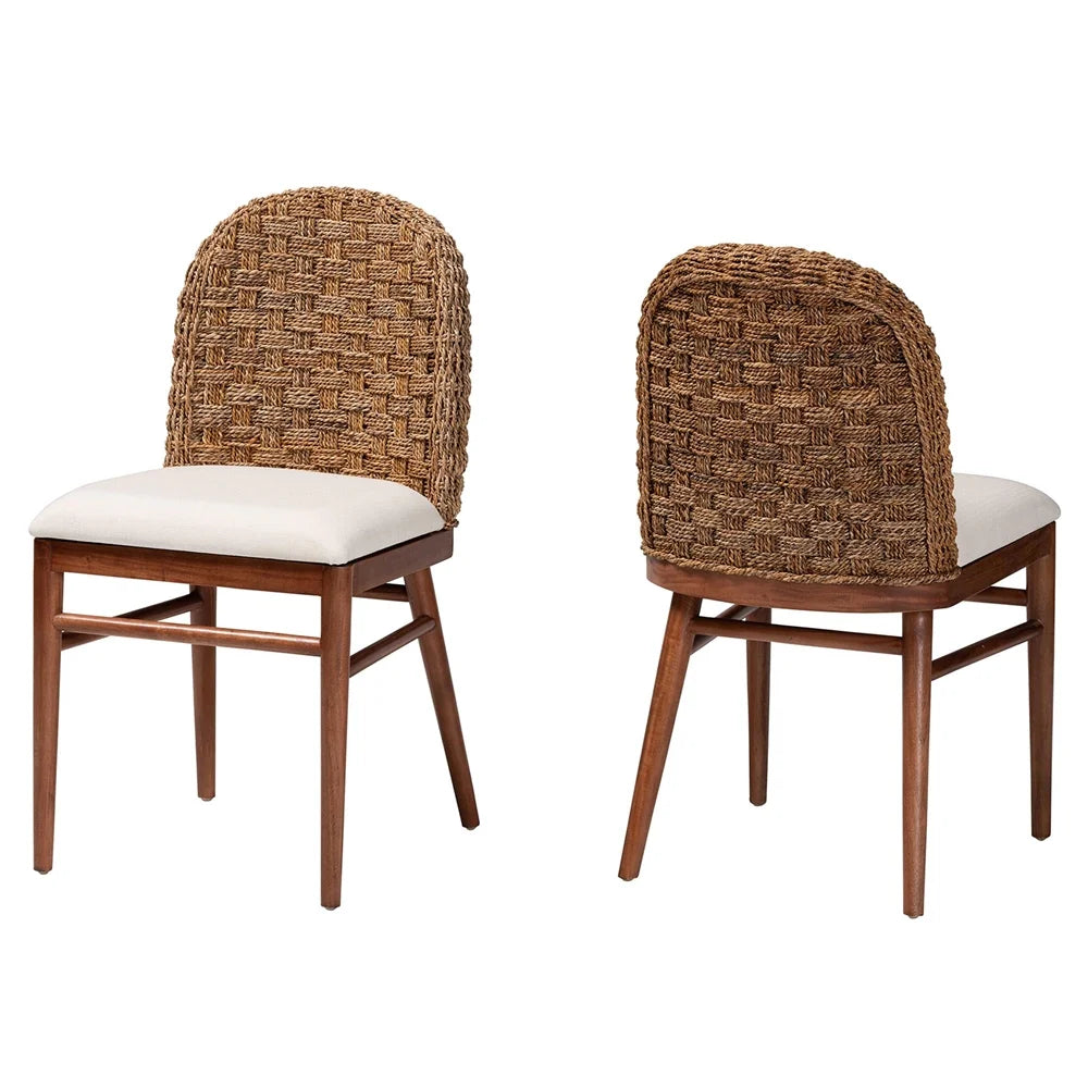 18.9" Acacia Wood & Seagrass Dining Chair in Brown Set of 2 F268