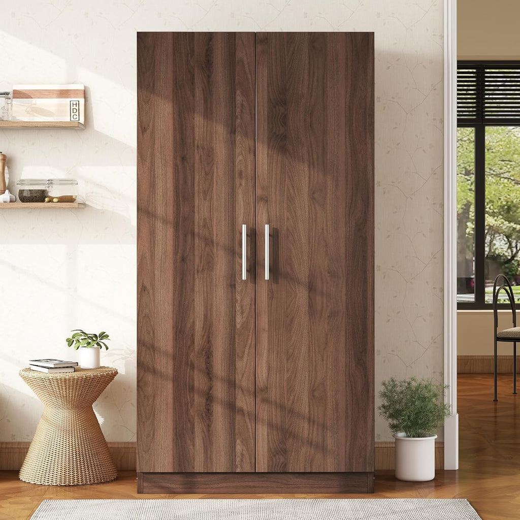 2-Door Wooden Wardrobe Armoire with 3 Adjustable Shelves and Hanging Rod, Brown M412820