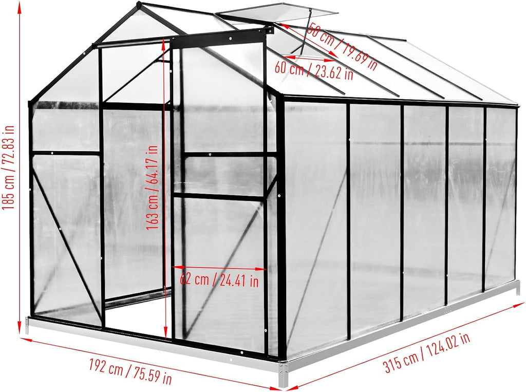 10x6 FT Polycarbonate Greenhouses with Sliding Door and Adjustable Vent Window, Black U3253
