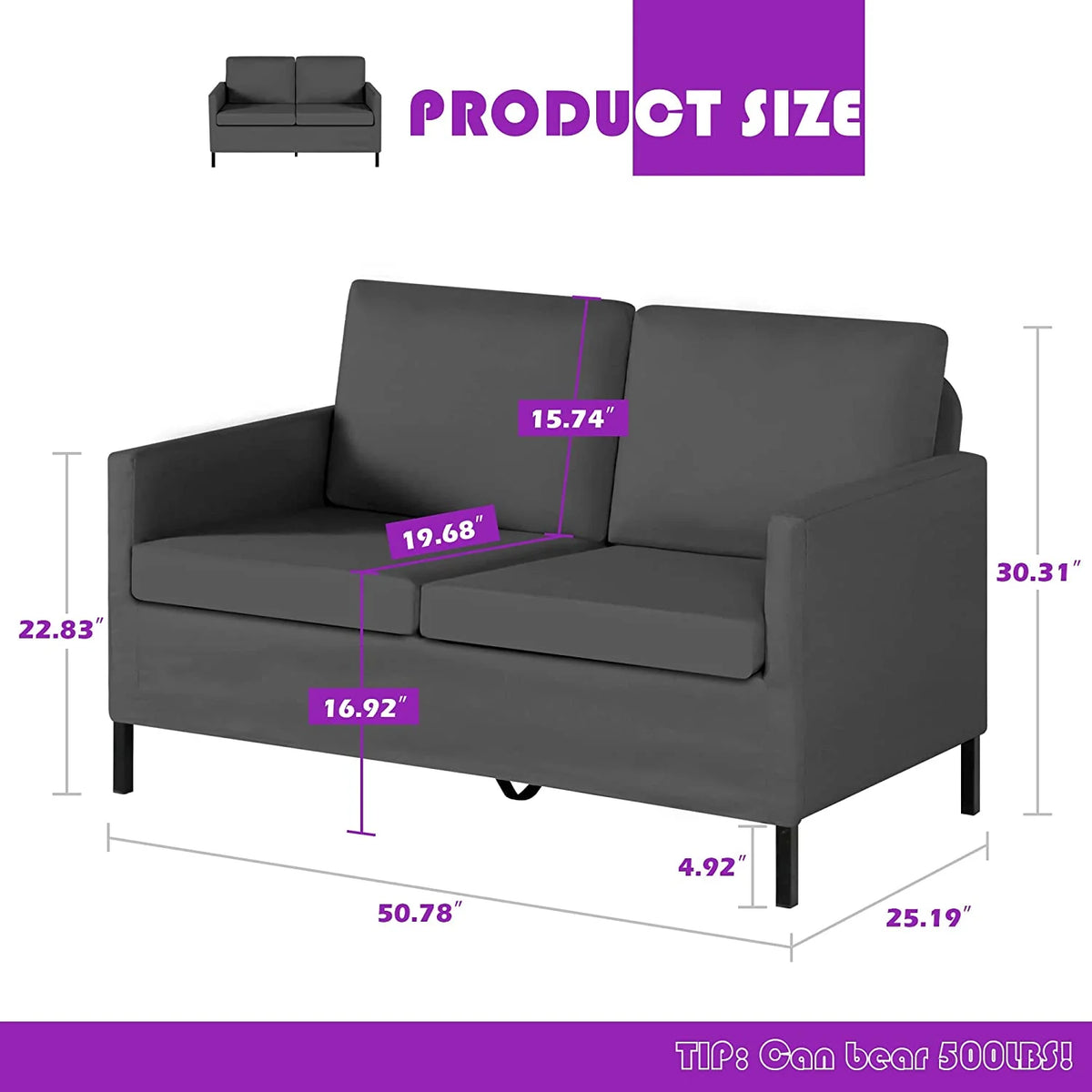 Fabric Modern Loveseat Sofa 51" W Upholstered 2-Seater with Iron Legs U369706