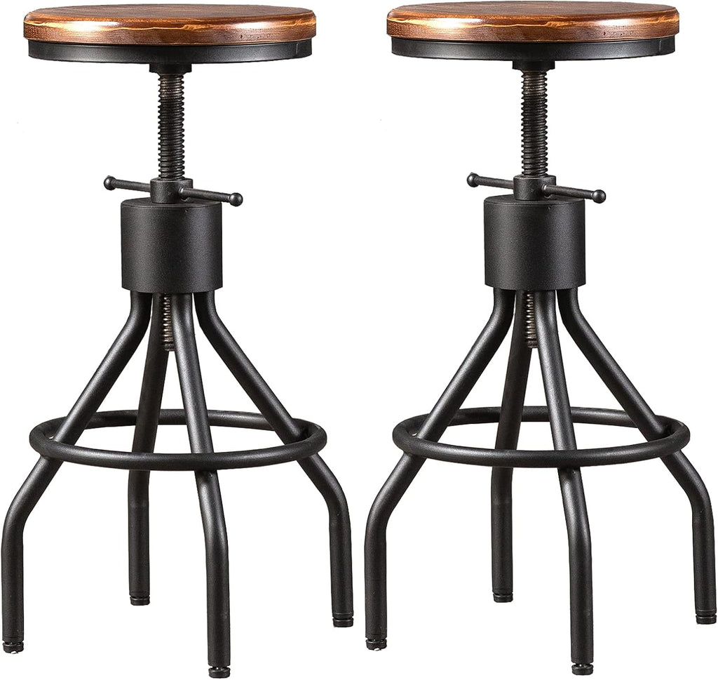 Set of 2 Adjustable Round Wood Metal Swivel Bar Stool D11437