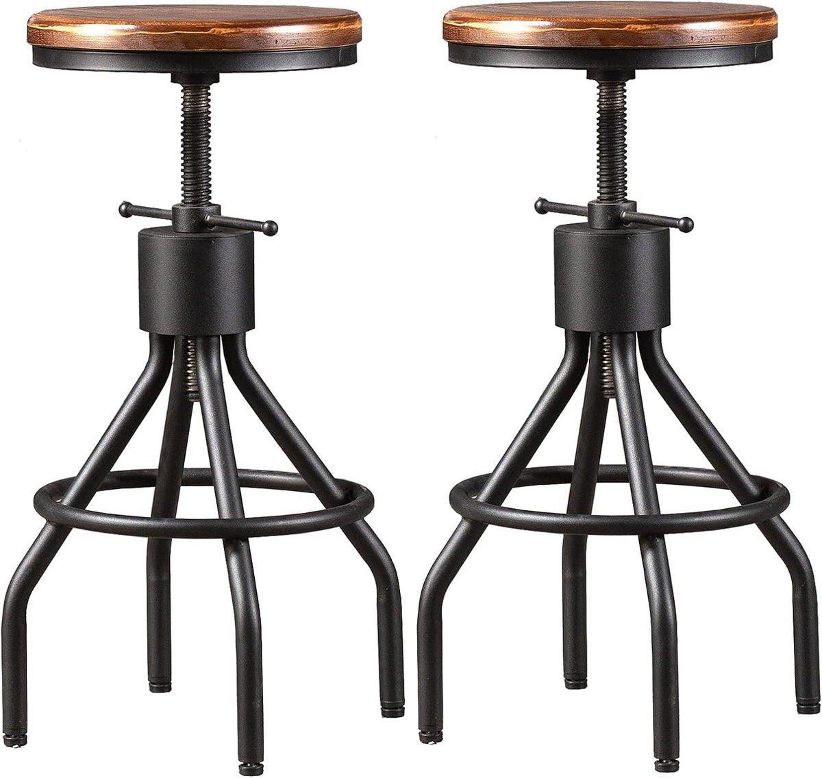Set of 2 Adjustable Round Wood Metal Swivel Bar Stool D11437
