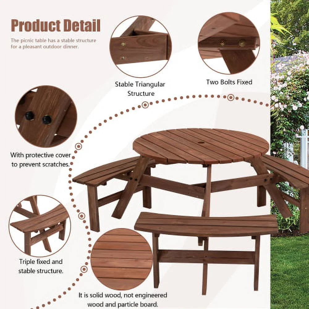 6-Person Circular Outdoor Wooden Picnic Table with 3 Built-in Benches D69791