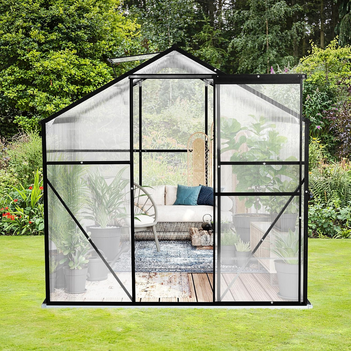 10x6 FT Polycarbonate Greenhouses with Sliding Door and Adjustable Vent Window, Black U3253