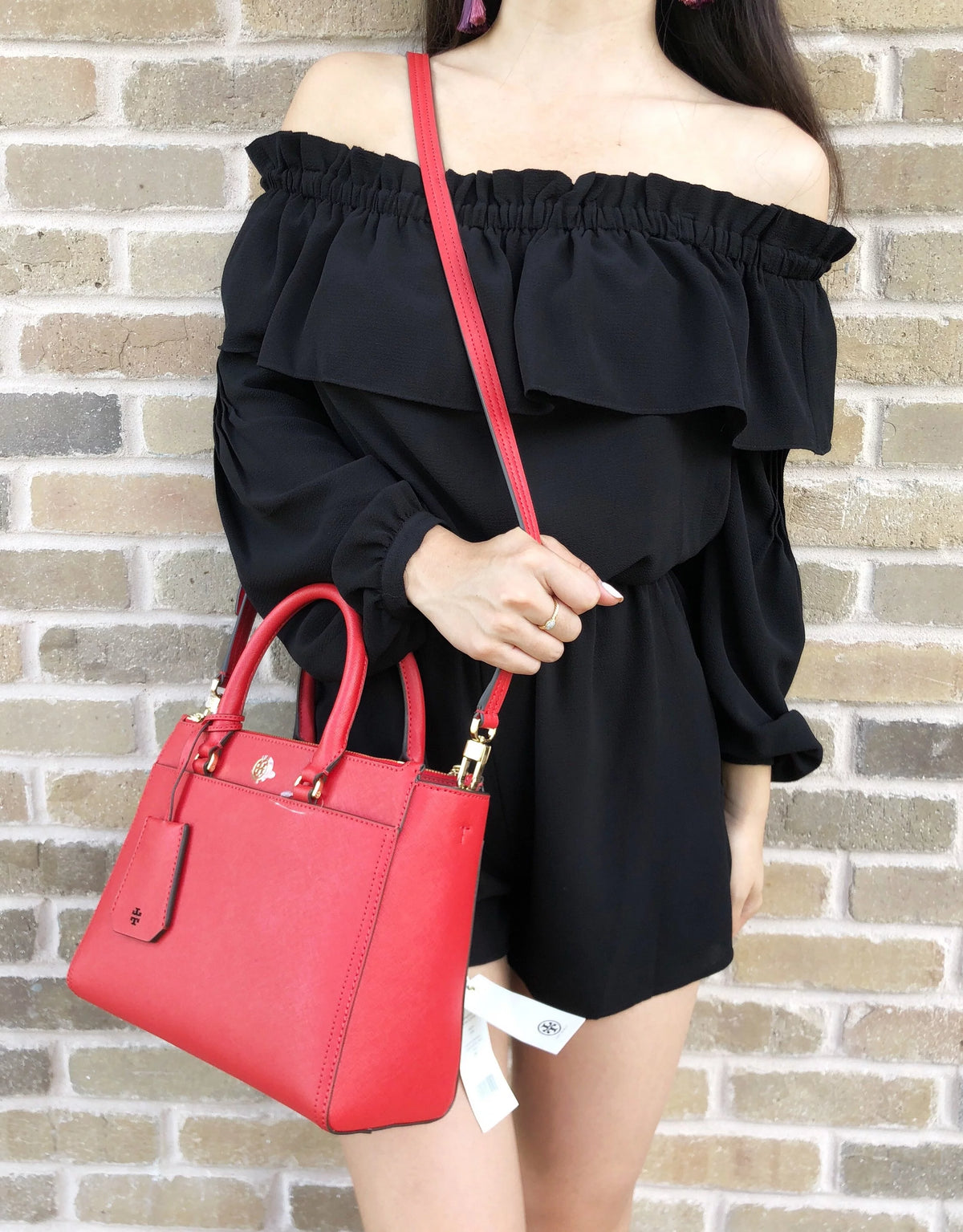 Small Double Zip Tote Satchel Crossbody Bag Poppy Orange Red X92151