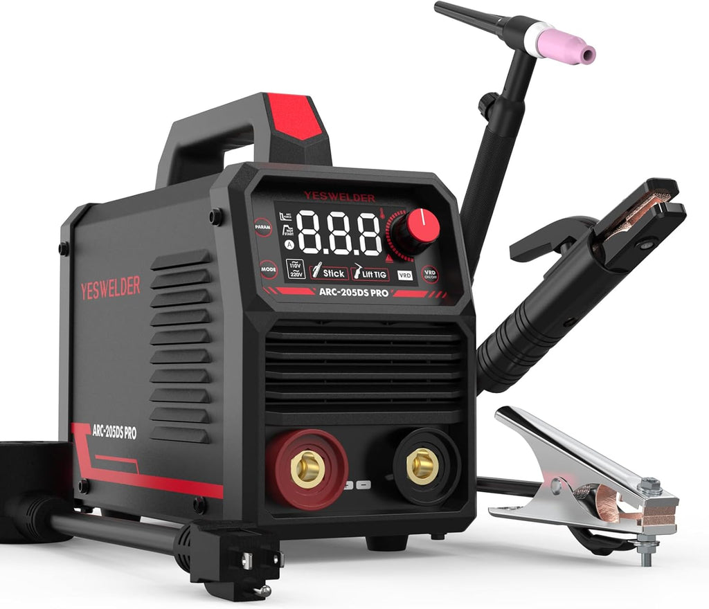205Amp Stick Welder with Lift TIG Torch, Large LED Display, 110V/220V Dual Voltage Portable Welding Machine, Flip Front Welding Hood Helmet R8148