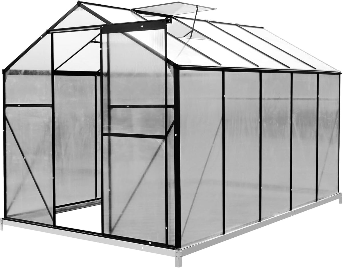 10x6 FT Polycarbonate Greenhouses with Sliding Door and Adjustable Vent Window, Black U3253