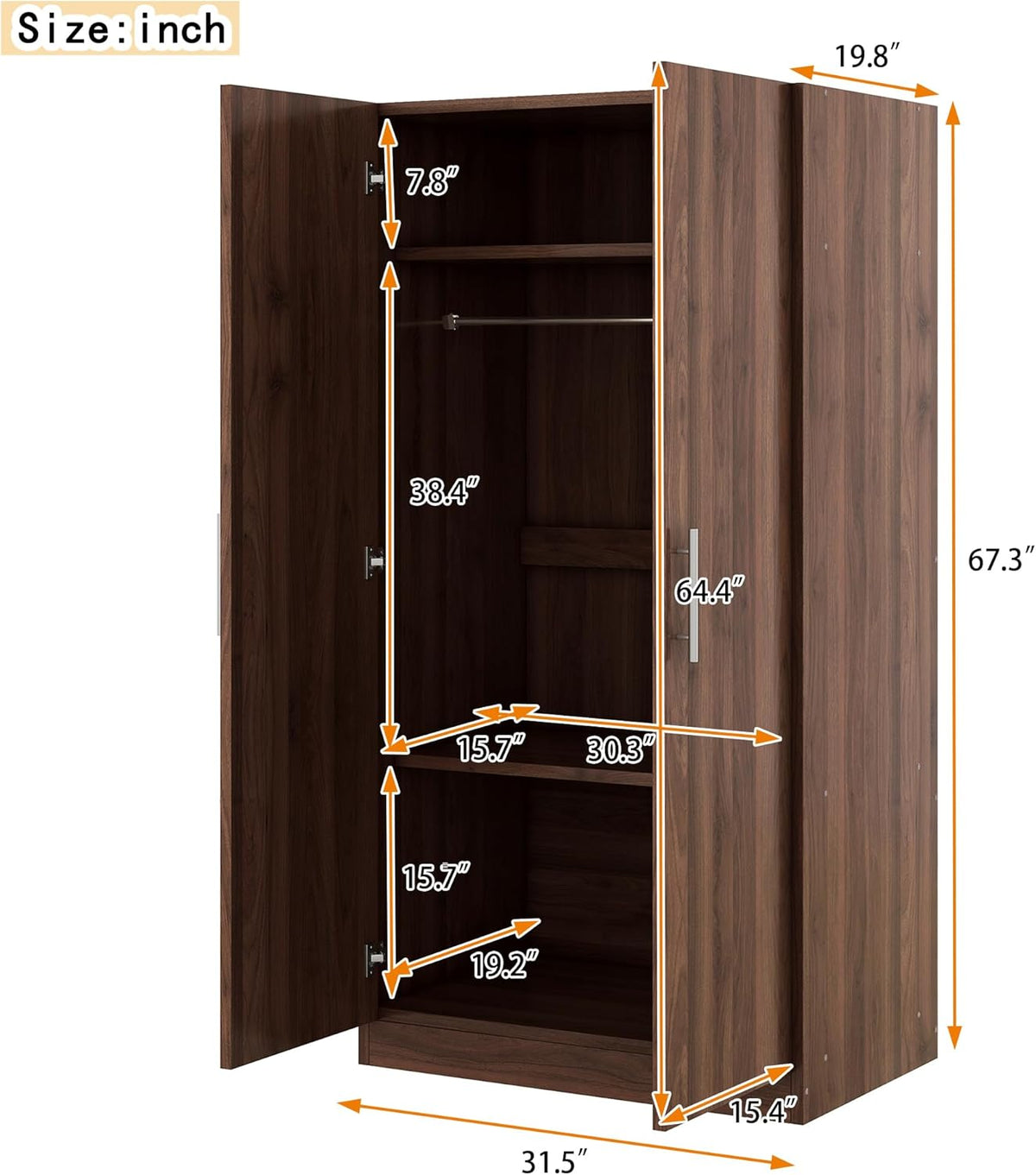 2-Door Wooden Wardrobe Armoire with 3 Adjustable Shelves and Hanging Rod, Brown M412820