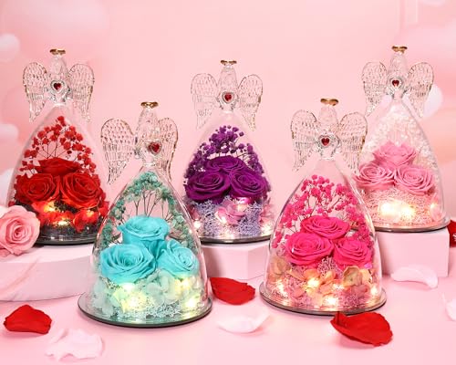 Preserved Flower Three Real Roses in Glass Angel Figurines Pink K466