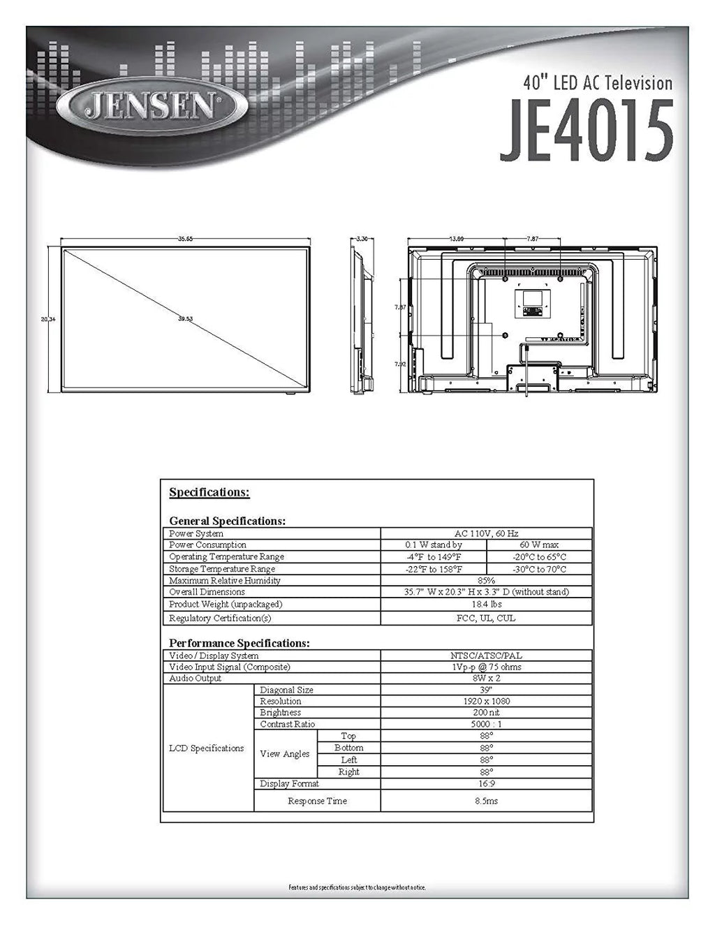 40" LED HDTV with Remote Control V19259