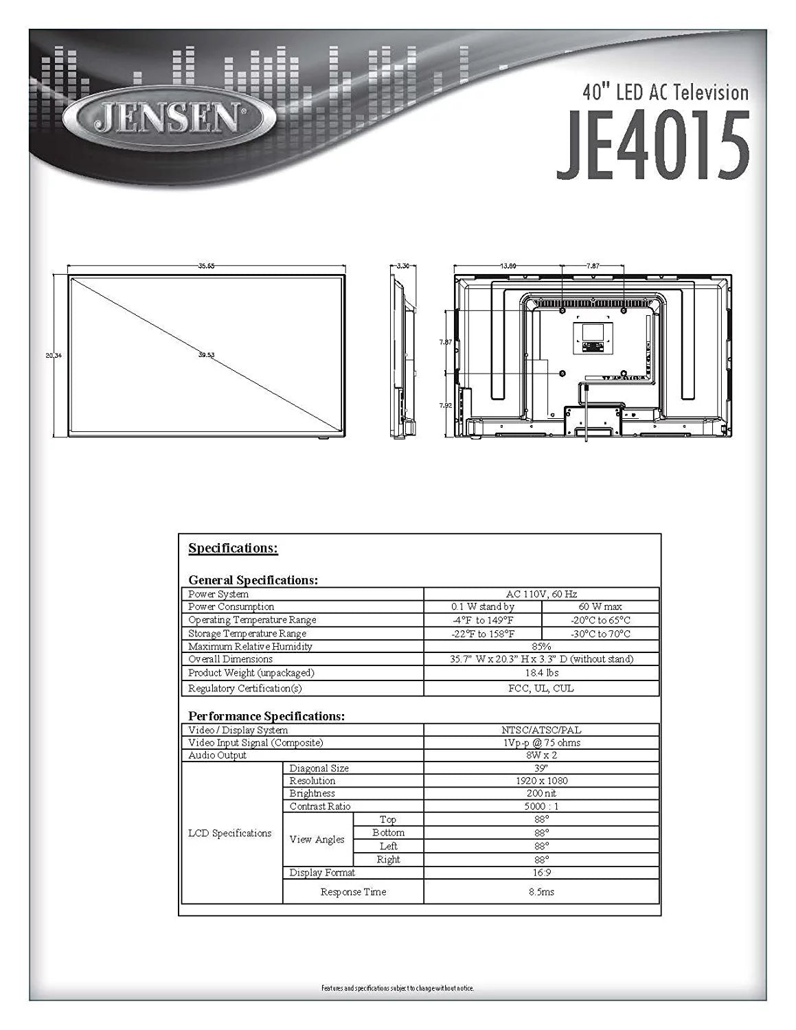40" LED HDTV with Remote Control V19259