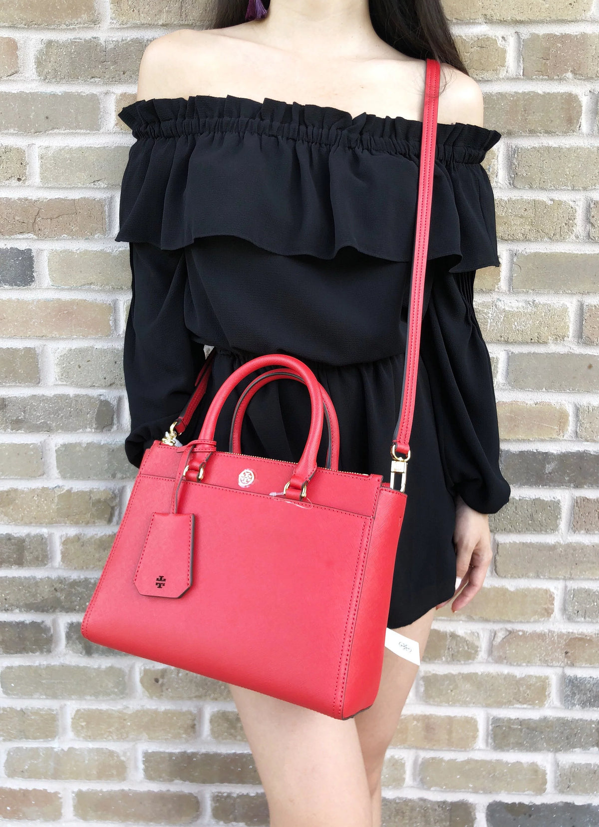 Small Double Zip Tote Satchel Crossbody Bag Poppy Orange Red X92151
