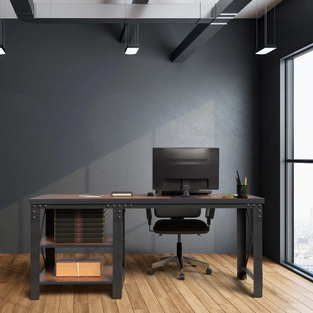 72" Industrial Metal & Wood Desk with Shelves F44385