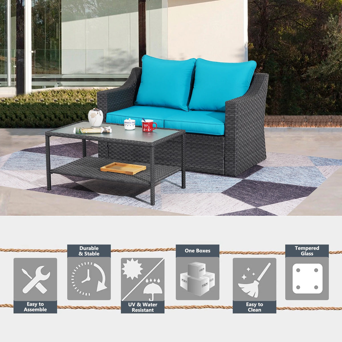 Gray Rattan Patio Loveseat with Glass Table B7611