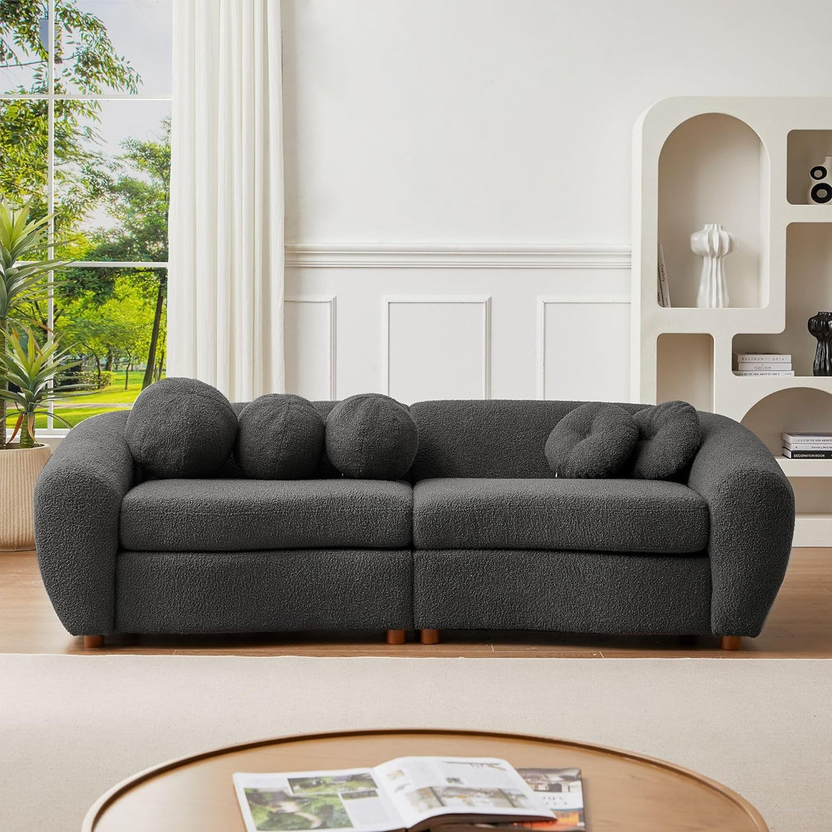 Grey Teddy Fabric 3 Seater Sofa with 5 Throw Pillows Z996385